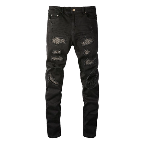 Herren Ripped Jeans Strass Metallnetz Inlay Distressed Slim Fit Denim Hose Streetwear Schwarz Casual Herrenhosen