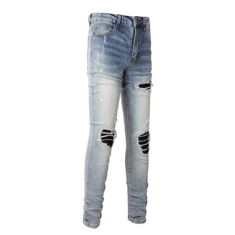Jean Décontracté High Street Bleu Clair pour Homme Coupe Ajustée Pantalon en Denim Déchiré Avec Pièces Côtelées en PU
