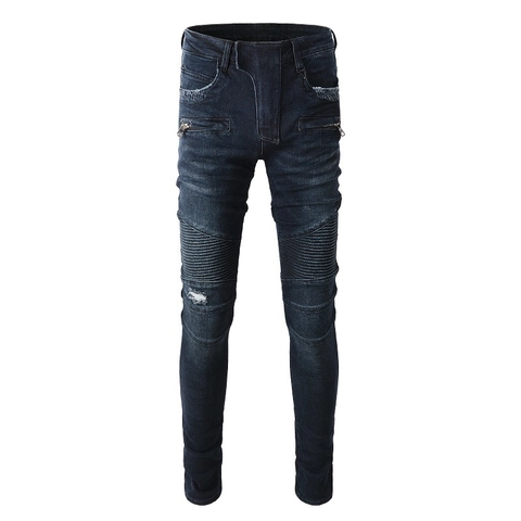 Herren Streetwear Biker Jeans Slim Fit Stretch Denim Hose Mit Gerippten Falten Reißverschlusstaschen Moto Jeans Für Männer