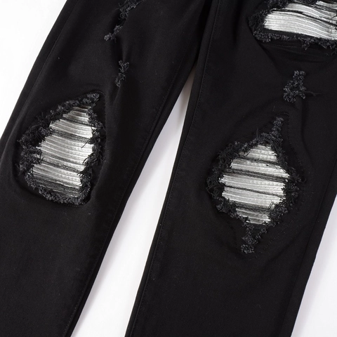 Jeans Déchirés Slim Fit High Street pour Hommes Streetwear Pantalon en Denim Usé Avec Patchwork Argent pour Homme Adulte