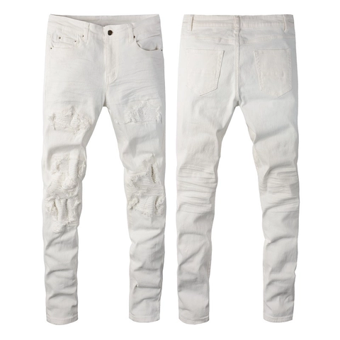 Pantaloni Jeans Bianchi Uomo Slim Fit Strappati Distressed Con Strass e Patch Bandana Streetwear Moda Uomo