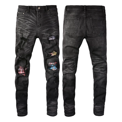 Herren Slim Fit Stretch Ripped Jeans Distressed Patchwork Graffiti Denim Hose Washed Skinny Streetwear Casual Hose