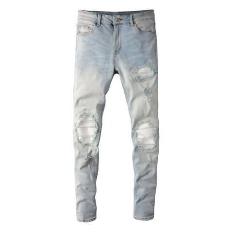 Pantaloni Jeans Denim Strappati da Uomo Slim Fit in Cotone Elasticizzato Stile Biker Lavaggio Vintage Blu Chiaro per Streetwear Casual