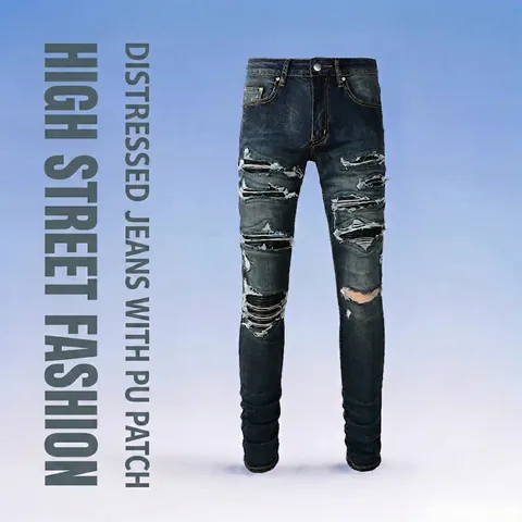 Men Slim Fit Ripped Denim Jeans Biker Style High Street Casual Pants With PU Patches Distressed Wash Solid Color Men Jeans