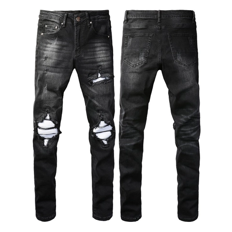 Jean Déchiré Distressed Streetwear Homme Délavé Noir Skinny Fit Pantalon en Denim de Coton Avec Patchwork Pour Le Quotidien