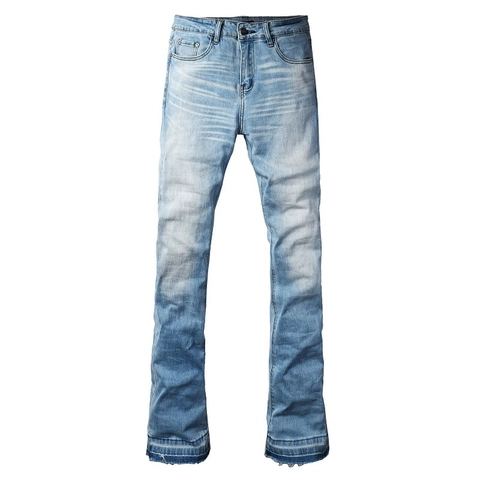 Men Fashion Micro Flare Jeans Trendy Slim Fit Washed Distressed Denim Pants Cat Whisker Streetwear Patchwork Long Trousers