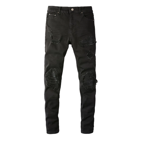 Vaqueros Skinny Negros para Hombre Rotos Pantalones de Mezclilla Motero Desgastados Slim Fit Algodón para Uso Diario