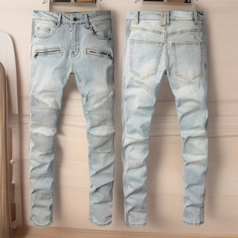 Jean Motard Coupe Slim pour Homme Bleu Clair en Denim de Coton Extensible Avec Panneaux Nervurés et Poches à Fermeture Éclair