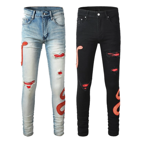 Herren High Street Distressed Jeans Vintage Washed Denim Hose Mit Roter Schlangenstickerei Ripped Slim Fit Hip Hop Hose