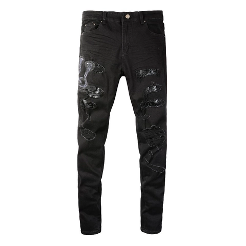 Men Streetwear Ripped Skinny Jeans Snake Embroidery Distressed Black Cotton Blend Stretch Denim Pants For Men Trend