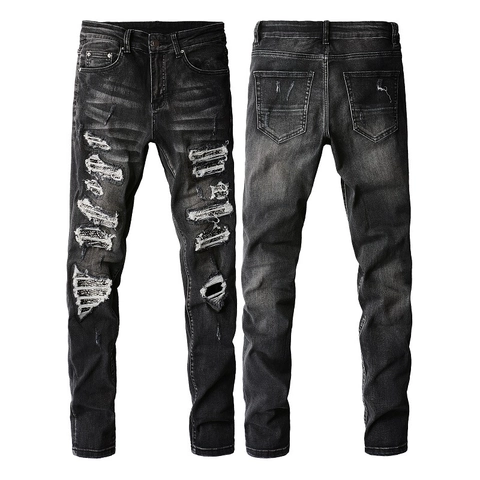 Herren Slim Fit Zerrissene Jeans Gewaschene Denim Hose Mit Paisley Patches Streetwear Skinny Hosen Für Männer Grau Schwarz