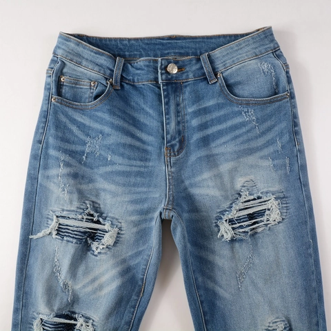 Jeans Strappati Slim Fit in Stile Americano High Street da Uomo Pantaloni in Denim Distressed Lavato Blu Chiaro Con Toppe in PU