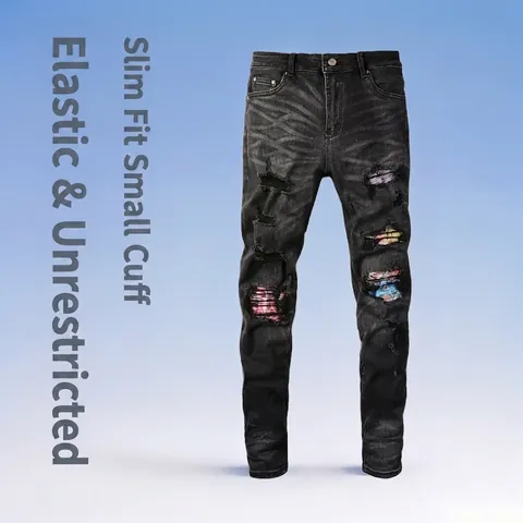 Herren Slim Fit Stretch Ripped Jeans Distressed Patchwork Graffiti Denim Hose Washed Skinny Streetwear Casual Hose