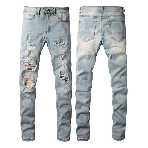 Herren Slim Fit Zerrissene Jeans Distressed Patchwork Denim Hose Mode Gradient Hellblau Gewaschen Streetwear Casual Jeans