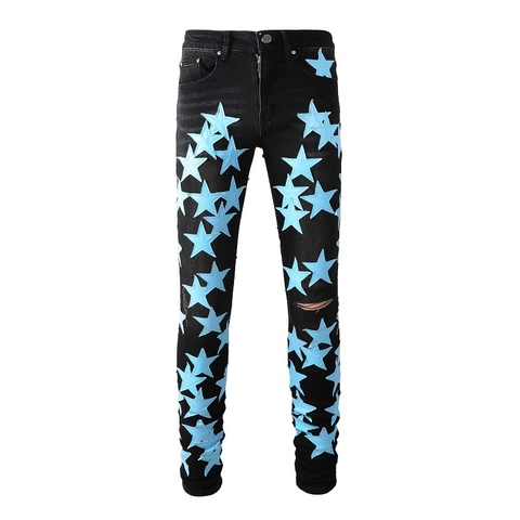 Men's High Street American Streetwear Slim Fit Ripped Denim Jeans With Colorful Star Leather Patches Distressed Washed Tapered Pants