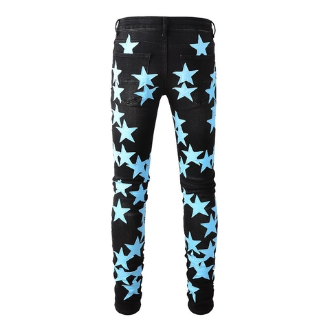 Pantalones Vaqueros Ajustados con Parches de Estrellas para Hombre High Street Algodón Negro Lavado