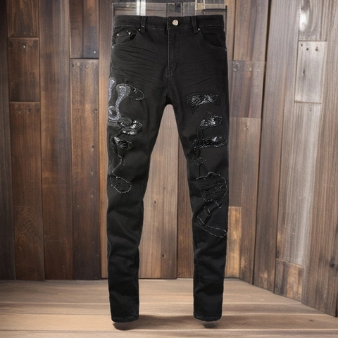 Herren High Street Kobra Bestickte Distressed Jeans Slim Fit Zerrissene Denim Hose Streetwear Schwarz Lange Hose Casual Stil