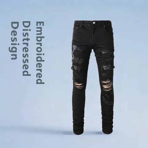 Men Streetwear Ripped Skinny Jeans Snake Embroidery Distressed Black Cotton Blend Stretch Denim Pants For Men Trend