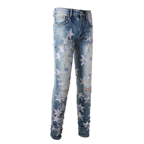 Jeans Strappati da Uomo High Street Con Toppe a Stella in Cotone Elasticizzato Slim Fit Distressed Plaid Star Jeans per Uomo Streetwear