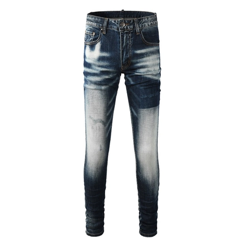 Herren Streetwear Slim Fit Baumwolle Denim Jeans Bestickt Distressed Acid Wash Mode Bleistifthose Hellblau Herren Jeans