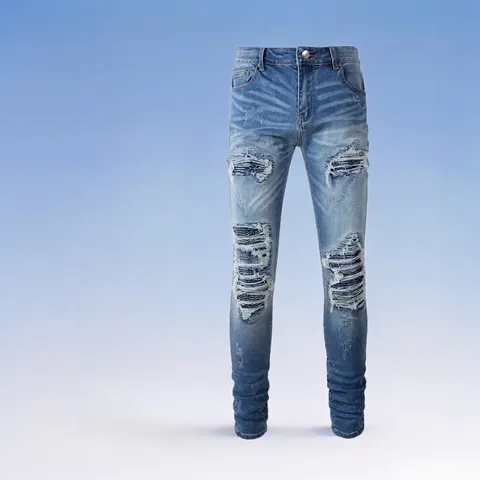 Jeans Strappati Slim Fit in Stile Americano High Street da Uomo Pantaloni in Denim Distressed Lavato Blu Chiaro Con Toppe in PU