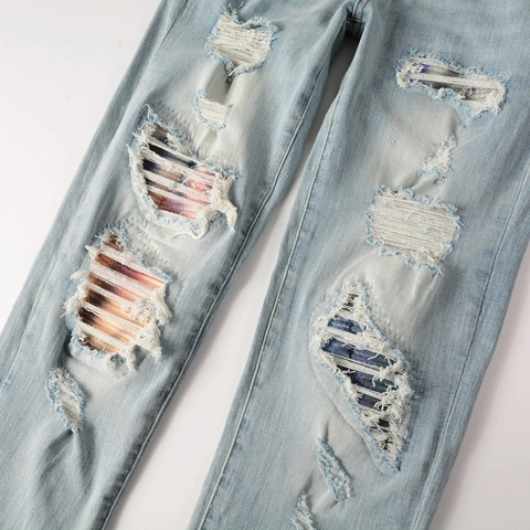 Herren Slim Fit Zerrissene Jeans Distressed Patchwork Denim Hose Mode Gradient Hellblau Gewaschen Streetwear Casual Jeans