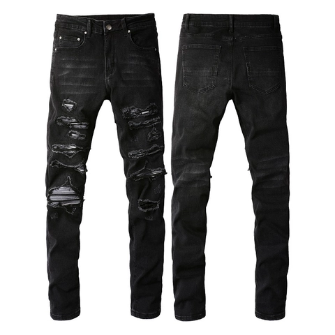 Men Ripped Skinny Jeans Black Distressed Slim Fit Cotton Denim Pants Streetwear Grunge Destroyed Trousers For Adult