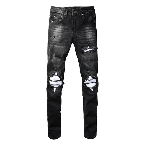 Jean Déchiré Distressed Streetwear Homme Délavé Noir Skinny Fit Pantalon en Denim de Coton Avec Patchwork Pour Le Quotidien