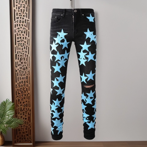 Pantalones Vaqueros Ajustados con Parches de Estrellas para Hombre High Street Algodón Negro Lavado