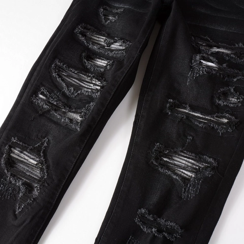 Men Ripped Skinny Jeans Black Distressed Slim Fit Cotton Denim Pants Streetwear Grunge Destroyed Trousers For Adult