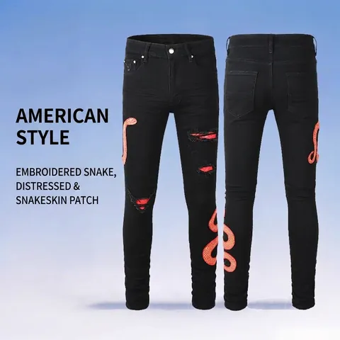 Jeans Slim Fit Strappati da Uomo Con Ricamo a Serpente Patch in Pelle di Serpente Distressed Lavati Neri Pantaloni Streetwear