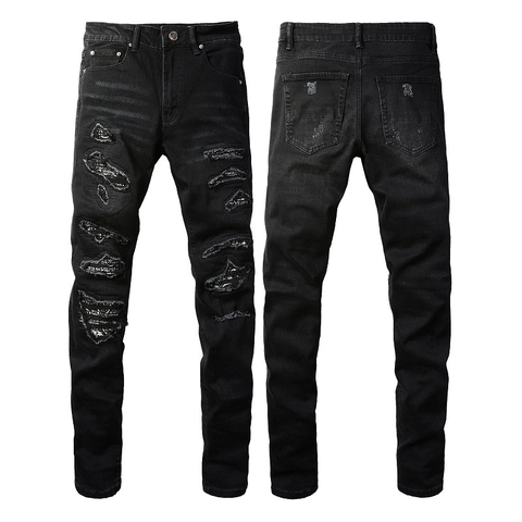 Herren Schwarz Slim Fit Zerrissene Denim Jeans Streetwear Distressed Paisley Patch Hip Hop Tapered Leg Hose Bequeme Denim Hosen