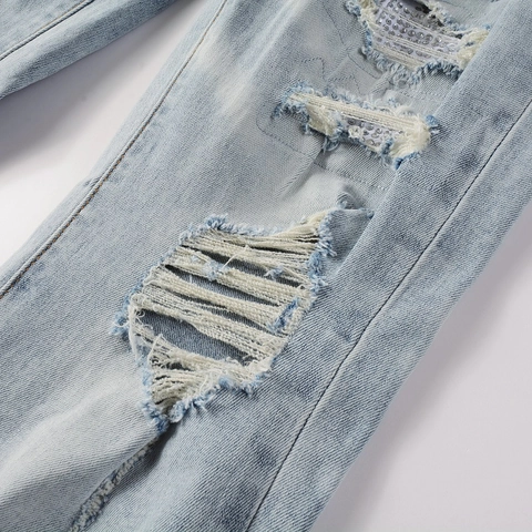 Pantaloni Jeans da Uomo High Street Lavaggio Blu Chiaro Strappati Elasticizzati Slim Fit Streetwear Con Patch di Strass