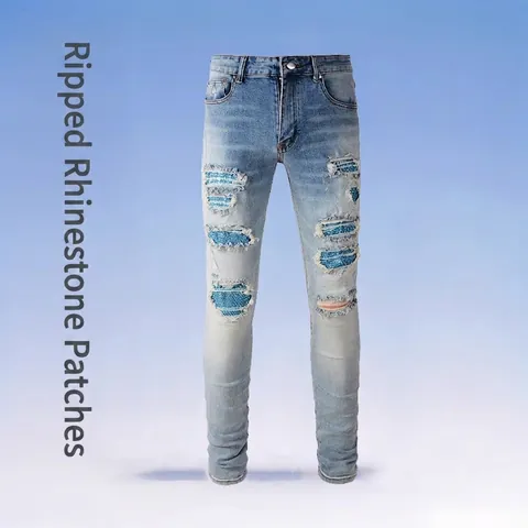Herren Skinny Ripped Jeans Streetwear Distressed Slim Fit Hellblau Denim Hose Mit Patchwork Strass Details Mode
