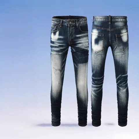 Herren Streetwear Slim Fit Baumwolle Denim Jeans Bestickt Distressed Acid Wash Mode Bleistifthose Hellblau Herren Jeans