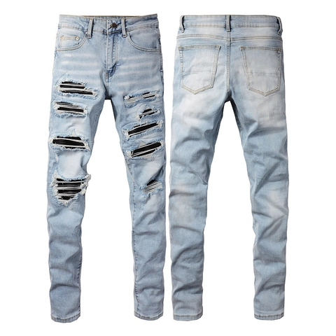 Ανδρικό Τζιν High Street Γαλάζιο Φθαρμένο Σκισμένο Slim Fit Παντελόνι Ντένιμ Βαμβακερό Με Ριγέ Patchwork Παντελόνι Streetwear