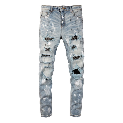 Jeans Distressed da Uomo American High Street Blu Chiaro con Patch a Stella in Strass e Vernice Slim Fit Pantaloni in Denim