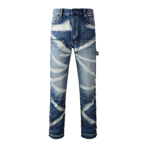 Herren High Street Retro Gebleicht Cargo Jeans Gerades Bein Multi Taschen Patchwork Carpenter Denim Hose Für Herren Streetwear