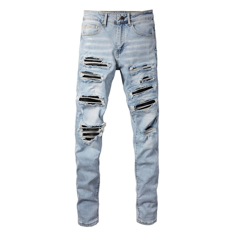 Ανδρικό Τζιν High Street Γαλάζιο Φθαρμένο Σκισμένο Slim Fit Παντελόνι Ντένιμ Βαμβακερό Με Ριγέ Patchwork Παντελόνι Streetwear