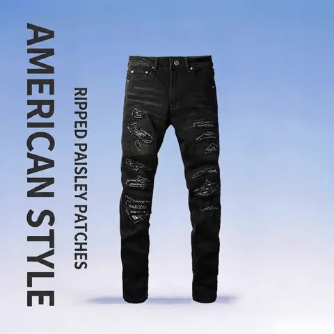 Herren Schwarz Slim Fit Zerrissene Denim Jeans Streetwear Distressed Paisley Patch Hip Hop Tapered Leg Hose Bequeme Denim Hosen