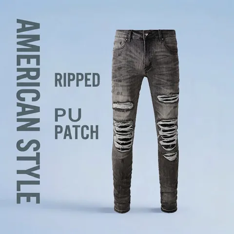 Herren High Street Zerrissene Jeans Mit PU Patchwork Distressed Gewaschene Denim Baumwolle Slim Fit Hose Für Casual Streetwear