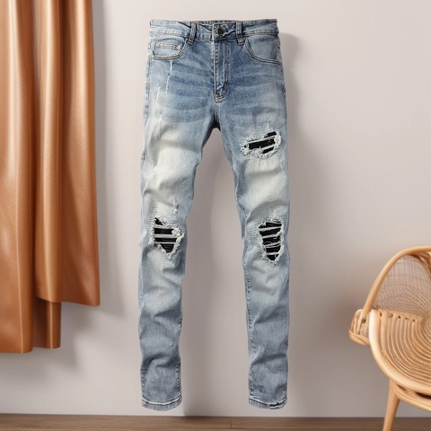 Ανδρικό Εφαρμοστό Τζιν Με Σκισίματα High Street Distressed Biker Παντελόνι Ντένιμ Με Ριγέ Patchwork Casual Streetwear Για Άνδρες