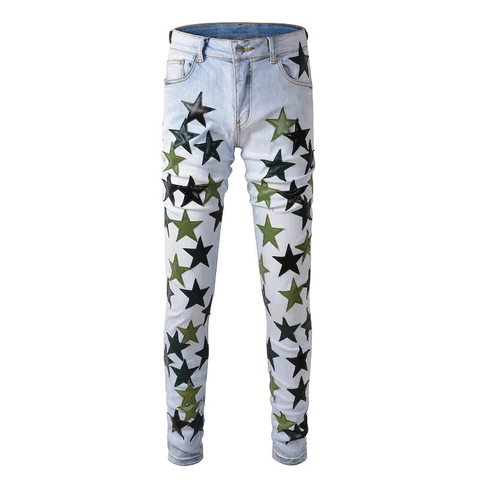 Men's High Street American Streetwear Slim Fit Ripped Denim Jeans With Colorful Star Leather Patches Distressed Washed Tapered Pants