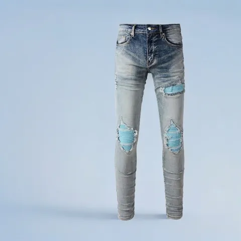 Ανδρικό High Street Distressed Τζιν Γαλάζιο Πλυμένο Ντένιμ Skinny Fit Patchwork Κατεστραμμένο Παντελόνι Casual Hip Hop Streetwear Ανδρικό