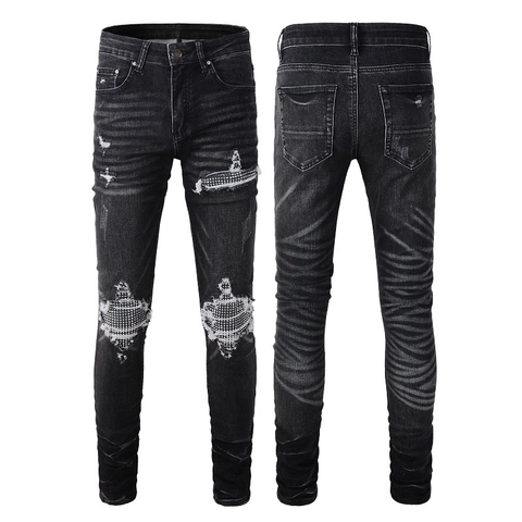 Ανδρικό Streetwear Slim Fit Κατεστραμμένο Τζιν Παντελόνι Με Στρας Patchwork Πλυμένο Μαύρο Τζιν Skinny Rock Στυλ Για Άνδρες