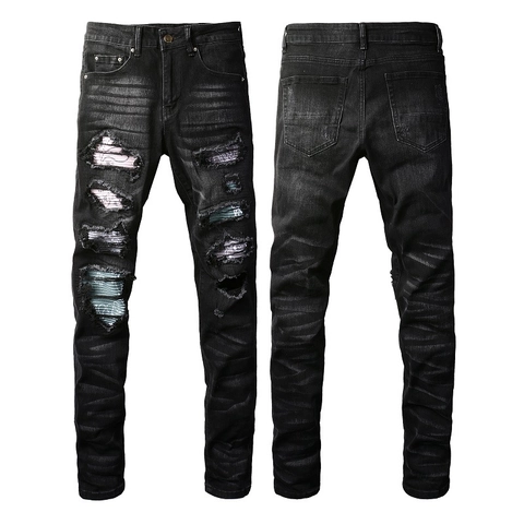 Herren Slim Fit Baumwolle Denim Jeans High Street Zerstört Ripped Loch Patchwork Paisley Karottenhose Streetwear Stil