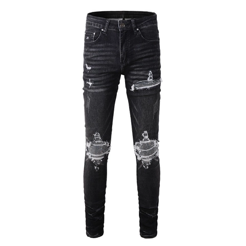 Jeans in Denim Neri American High Street Slim Fit Strappati Con Strass Pantaloni Trendy Lavati da Uomo