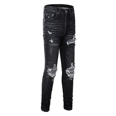 Ανδρικό Streetwear Slim Fit Κατεστραμμένο Τζιν Παντελόνι Με Στρας Patchwork Πλυμένο Μαύρο Τζιν Skinny Rock Στυλ Για Άνδρες