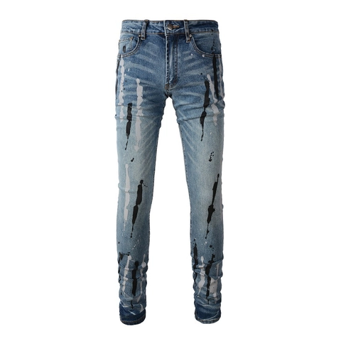 Herren High Street Slim Fit Jeans Gewaschene Stretch Denim Hose Mit Graffiti Tintenspritzer Streetwear Hose Für Herren