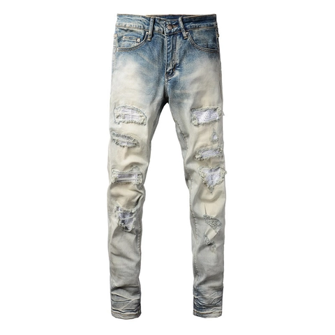 Herren Streetwear Distressed Jeans Slim Fit Strass Patchwork Denim Tapered Hose Hellblau Gewaschen Hip Hop Casual Hose